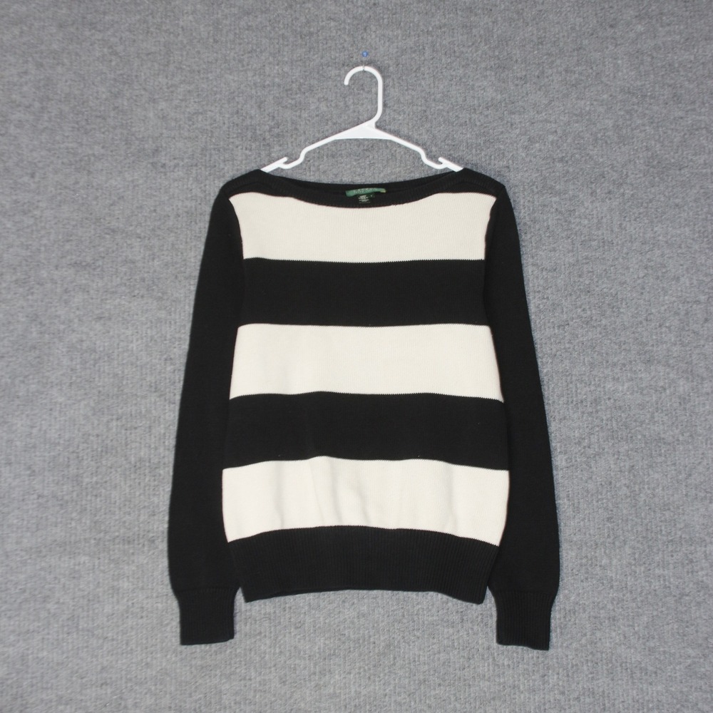 Lauren Ralph Lauren Sweater Womens L Black White Striped Cotton Knit Boat Neck